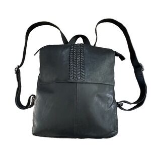 Vilenca Holland Black Leather Backpack Purse Laptop Pocket Braid Detail Adjust